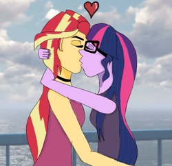 Size: 1125x1088 | Tagged: safe, artist:mermaidswirl364, sci-twi, sunset shimmer, twilight sparkle, equestria girls, eyes closed, female, hug, kissing, lesbian, scitwishimmer, shipping, sunsetsparkle