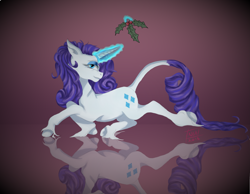 Size: 4351x3384 | Tagged: safe, artist:houghtaling6, rarity, classical unicorn, pony, unicorn, holly, holly mistaken for mistletoe, leonine tail, looking at you, magic, smirk, solo, unshorn fetlocks