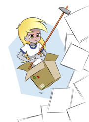 Size: 724x1000 | Tagged: safe, artist:twilite-sparkleplz, derpy hooves, equestria girls, cardboard box, clothes, getting over it, hammer, solo, video game, video game crossover