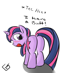 Size: 400x450 | Tagged: safe, artist:billysan727, derpibooru import, twilight sparkle, pony, unicorn, blushing, butts, captain obvious, cute, dialogue, dock, female, mare, plot, raised tail, simple background, smiling, solo, teehee, twiabetes, twibutt, white background