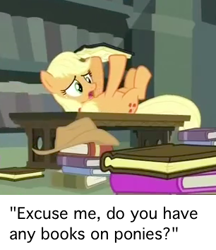 Size: 306x354 | Tagged: safe, screencap, applejack, earth pony, pony, twilight's kingdom, book, on back, pun, silly, silly pony, solo, visual pun