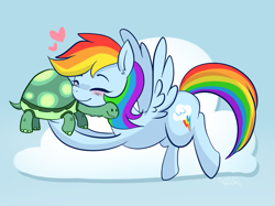 Size: 1071x799 | Tagged: safe, artist:saber-panda, derpibooru import, rainbow dash, tank, pegasus, pony, tanks for the memories, blushing, cloud, cute, dashabetes, duo, ear fluff, heart, solo