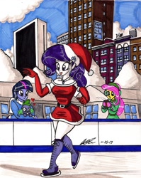 Size: 1280x1608 | Tagged: safe, artist:newyorkx3, derpibooru import, fluttershy, rarity, spike, twilight sparkle, equestria girls, city, clothes, earmuffs, evening gloves, hat, heart, ice skates, new york, santa hat, scarf, skating, traditional art