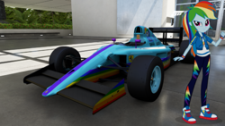 Size: 1439x809 | Tagged: safe, artist:forzaveteranenigma, derpibooru import, rainbow dash, fanfic:equestria motorsports, better together, equestria girls, car, converse, ferrari, formula 1, forza motorsport 6, geode of super speed, looking at you, magical geodes, shoes, sneakers, solo