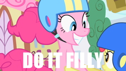 Size: 640x360 | Tagged: safe, apple bloom, pinkie pie, earth pony, pony, do it filly, image macro, meme