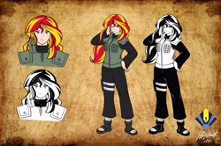 Size: 6600x4377 | Tagged: safe, artist:penspark, sunset shimmer, equestria girls, 2016, absurd resolution, anime, clothes, crossover, female, human coloration, kunoichi, looking at you, monochrome, naruto, sandals, smiling, solo