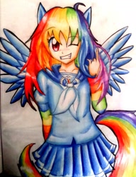 Size: 1440x1873 | Tagged: safe, artist:hiro-uzumaki, derpibooru import, rainbow dash, human, cute, eared humanization, humanized, tailed humanization, traditional art, winged humanization