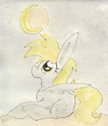 Size: 688x800 | Tagged: safe, artist:slightlyshade, derpy hooves, pegasus, pony, banana, crescent moon, female, food, full moon, looking up, mare, moon, night, night sky, open mouth, prone, sky, solo, starry night, traditional art, watercolor painting