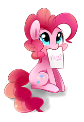 Size: 900x1300 | Tagged: safe, artist:sion-ara, pinkie pie, earth pony, pony, blushing, bronybait, crayon, cute, diapinkes, hug, hug request, looking up, mouth hold, paper, simple background, sitting, solo, white background