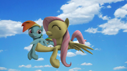 Size: 1920x1080 | Tagged: safe, derpibooru import, fluttershy, rainbow dash, pegasus, pony, 3d, flying, friendship, sky, source filmmaker