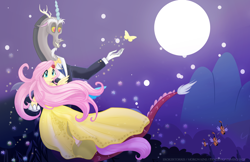 Size: 2564x1664 | Tagged: safe, artist:morgwaine, discord, fluttershy, pegasus, pony, fanfic:bride of discord, discoshy, female, male, shipping, straight