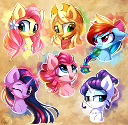 Size: 3265x3200 | Tagged: safe, artist:kaleido-art, derpibooru import, applejack, fluttershy, pinkie pie, rainbow dash, rarity, twilight sparkle, earth pony, pegasus, pony, unicorn, alternate hairstyle, bow, braid, bust, chest fluff, cute, dashabetes, diapinkes, eye clipping through hair, female, flower, flower in hair, freckles, hair ribbon, jackabetes, looking at each other, looking down, looking up, mane six, mare, one eye closed, open mouth, rainbow dash always dresses in style, rainbow dash is not amused, raribetes, shyabetes, smiling, twiabetes, unamused