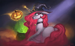 Size: 1920x1200 | Tagged: safe, artist:rain-gear, princess celestia, alicorn, bat pony, bat pony alicorn, pony, vampony, bat ponified, bell, bell collar, cauldron, collar, crepuscular rays, female, hat, jack-o-lantern, looking at you, looking back, looking back at you, magic, mare, plot, pumpkin, race swap, rear view, smiling, solo, sunbat, sunbutt, wallpaper, werelestia, witch hat