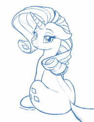 Size: 1275x1650 | Tagged: safe, artist:latecustomer, rarity, pony, unicorn, bedroom eyes, female, looking at you, looking back, mare, monochrome, sitting, smiling, solo