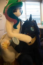 Size: 600x900 | Tagged: dead source, safe, artist:kolshica, artist:toki, princess celestia, princess luna, human, clothes, cosplay, costume, fursuit, hug, irl, irl human, photo