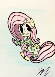 Size: 1600x2227 | Tagged: safe, artist:pelate, fluttershy, crocodile, pegasus, pony, clothes, pajamas, sitting, solo, traditional art