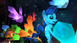 Size: 1024x576 | Tagged: safe, artist:reixi2525, rarity, spike, dragon, pony, unicorn, 3d, cave, gem, source filmmaker