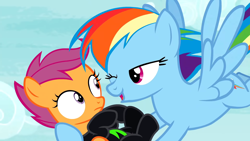 Size: 1920x1080 | Tagged: safe, derpibooru import, screencap, rainbow dash, scootaloo, pegasus, pony, the washouts (episode), bedroom eyes, clothes, lidded eyes, one eye closed, out of context, uniform, washouts uniform, wink