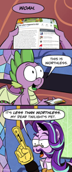 Size: 580x1377 | Tagged: safe, artist:pony-berserker edits, edit, spike, starlight glimmer, dragon, pony, unicorn, comic, duo, exploitable meme, facial hair, female, fimfiction, foam finger, glasses, gravity falls, male, mare, meme, meme template, moustache, number one, pince-nez, sideburns, speech bubble, this is worthless, winged spike