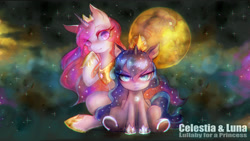 Size: 1920x1080 | Tagged: safe, artist:girlsay, angel bunny, princess celestia, princess luna, alicorn, pony, filly, mare in the moon, moon, moon bunny, pink-mane celestia, pixiv, sitting, stars, underhoof, wallpaper, woona, younger