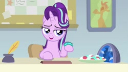 Size: 1920x1080 | Tagged: safe, screencap, starlight glimmer, pony, unicorn, student counsel, bracelet, female, guidance counselor, inkwell, jewelry, lidded eyes, looking at you, mare, quill, raised hoof, solo, starlight's office