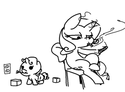 Size: 781x577 | Tagged: safe, artist:nobody, rarity, sweetie belle, pony, unicorn, baby, baby pony, bad parenting, chair, cigarette, dark comedy, electrical outlet, foal, foalsitter, fork, imminent electrocution, magic, monochrome, nail file, neglect, second hand smoke, sitting, sketch, smoking, sweetie fail, telekinesis, this will end in tears and/or death, this will not end well, ungrounded socket, younger