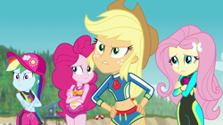 Size: 1920x1080 | Tagged: safe, derpibooru import, screencap, applejack, fluttershy, pinkie pie, rainbow dash, better together, equestria girls, forgotten friendship, belly button, cap, clothes, crossed arms, geode of fauna, geode of sugar bombs, geode of super speed, geode of super strength, hat, magical geodes, midriff, swimsuit, wetsuit