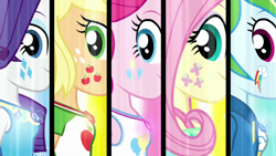 Size: 1920x1080 | Tagged: safe, derpibooru import, screencap, applejack, fluttershy, pinkie pie, rainbow dash, rarity, better together, equestria girls, forgotten friendship, alternative cutie mark placement, awesome cutie mark, cute, cutie mark, cutie mark on equestria girl, facial cutie mark, geode of fauna, geode of shielding, geode of sugar bombs, geode of super speed, geode of super strength, happy, humane five, looking at you, magical geodes, smiling