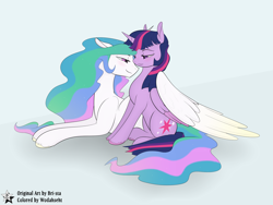 Size: 4500x3375 | Tagged: safe, artist:bri-sta, artist:wodahseht, princess celestia, twilight sparkle, twilight sparkle (alicorn), alicorn, pony, bedroom eyes, cute, cutelestia, female, hug, lesbian, mare, shipping, smiling, twiabetes, twilestia, winghug