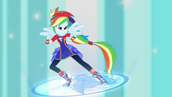 Size: 1920x1080 | Tagged: safe, derpibooru import, screencap, rainbow dash, better together, equestria girls, forgotten friendship, clothes, leggings, ponied up, ponytail, shoes, sneakers, solo, super sentai stance, wings