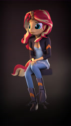Size: 5400x9600 | Tagged: safe, artist:imafutureguitarhero, part of a set, sunset shimmer, anthro, plantigrade anthro, unicorn, equestria girls, 3d, abstract background, absurd file size, absurd resolution, boots, breasts, bust, chair, chromatic aberration, cleavage, clothes, dress, equestria girls outfit, female, film grain, freckles, hands on knees, horn, jacket, jeans, leather jacket, mare, multicolored hair, nose wrinkle, pants, portrait, shoes, signature, sitting, smiling, solo, source filmmaker, stool, vertical, what has science done, windswept mane, windswept tail
