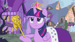 Size: 480x270 | Tagged: safe, derpibooru import, twilight sparkle, twilight sparkle (alicorn), alicorn, pony, princess twilight sparkle (episode), animated, cape, clothes, crown, female, mare, throwing, twilight scepter, when i'm citizen