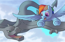 Size: 2300x1500 | Tagged: safe, artist:crispokefan, derpibooru import, rainbow dash, pegasus, pony, aerodactyl, crossover, flying, pokémon