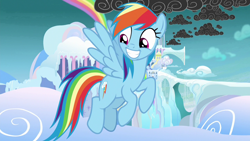 Size: 1280x720 | Tagged: safe, derpibooru import, screencap, rainbow dash, pegasus, pony, school raze, cloudsdale, cute, cutie mark, dashabetes, smiling, wings