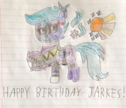 Size: 1143x987 | Tagged: safe, artist:myoozik, derpibooru exclusive, starlight glimmer, sunburst, oc, oc only, oc:gusty gale, pegasus, pony, belt, birthday, birthday drawing, boots, clothes, cutie mark, folded wings, glasses, gloves, green eyes, helmet, lined paper, male, photo, purple ranger, shoes, smiling, stallion, suit, super sentai, text, traditional art, wings, zyuden sentai kyoryuger