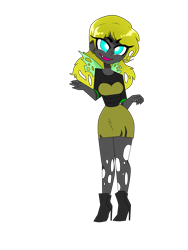 Size: 1944x2592 | Tagged: safe, artist:galaxiedream, derpy hooves, changeling, human, alternate hairstyle, alternate universe, boots, changelingified, clothes, cute, cute little fangs, derpabetes, dress, fangs, female, high heel boots, humanized, moe, open mouth, pantyhose, ripped pantyhose, shoes, simple background, skirt, solo, species swap, transparent background, winged humanization, wings