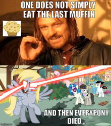 Size: 500x569 | Tagged: safe, derpy hooves, pony, angry, epic rage time, eye beams, food, image macro, laser beams, meme, muffin, one does not simply walk into mordor