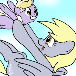 Size: 2000x2000 | Tagged: safe, artist:bennimarru, derpibooru exclusive, derpy hooves, dinky hooves, pegasus, pony, unicorn, duo, duo female, equestria's best mother, female, filly, flying, headcanon, mare, simple background, smiling