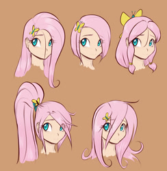 Size: 1251x1280 | Tagged: safe, artist:scorpdk, fluttershy, butterfly, human, alternate hairstyle, cute, female, humanized, looking at you, messy mane, ponytail, short hair, smiling, solo