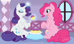 Size: 1200x727 | Tagged: safe, artist:justasuta, pinkie pie, rarity, earth pony, pony, unicorn, cake, carousel boutique, cup, cupcake, cushion, eyes closed, female, magic, mare, sitting, tea