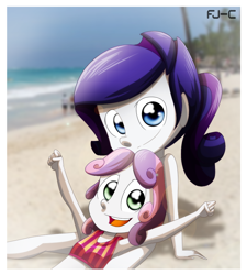 Size: 900x1000 | Tagged: safe, artist:fj-c, rarity, sweetie belle, human, armpits, beach, bikini, clothes, humanized, memories, swimsuit