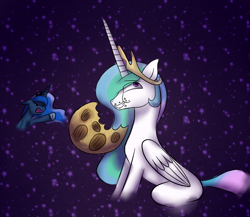 Size: 1010x876 | Tagged: safe, artist:sherradestrix, princess celestia, princess luna, alicorn, pony, cookie, funny, missing cutie mark, moon, space, stars, trollestia