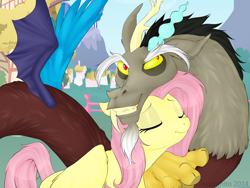 Size: 1024x768 | Tagged: safe, artist:incorgnito, discord, fluttershy, draconequus, pegasus, pony, discoshy, eyes closed, female, grin, male, mare, shipping, smiling, straight