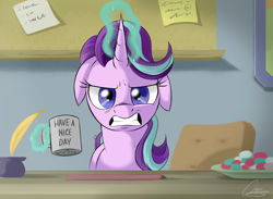 Size: 3856x2816 | Tagged: safe, artist:oinktweetstudios, starlight glimmer, pony, unicorn, angry, floppy ears, glowing horn, guidance counselor, have a nice day, horn, middle finger, mug, solo, starlight is not amused, starlight's office, unamused, vulgar