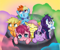 Size: 1025x863 | Tagged: safe, artist:doublewbrothers, derpibooru import, applejack, fluttershy, pinkie pie, rainbow dash, rarity, twilight sparkle, earth pony, pegasus, pony, unicorn, cauldron, cute, filly, mane six, messy mane