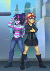 Size: 2480x3508 | Tagged: safe, artist:gabbslines, sci-twi, sunset shimmer, twilight sparkle, equestria girls, casual, city, clothes, fanfic art, female, lesbian, scitwishimmer, shipping, sunsetsparkle