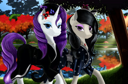 Size: 6800x4500 | Tagged: safe, artist:warfost, octavia melody, rarity, earth pony, pony, unicorn, absurd resolution, alternate hairstyle, beret, clothes, dress, earring, female, flower, hat, lesbian, necklace, piercing, raritavia, shipping