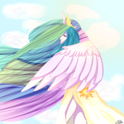 Size: 2500x2500 | Tagged: safe, artist:lilafields, princess celestia, human, clothes, dress, eyes closed, horned humanization, humanized, solo, winged humanization