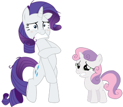 Size: 1600x1387 | Tagged: safe, artist:sketchmcreations, edit, rarity, sweetie belle, pony, unicorn, make new friends but keep discord, bipedal, blushing, covering, embarrassed, naked rarity, simple background, transparent background, vector