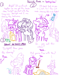 Size: 1280x1611 | Tagged: safe, artist:adorkabletwilightandfriends, spike, starlight glimmer, twilight sparkle, twilight sparkle (alicorn), alicorn, dragon, pony, unicorn, comic:adorkable twilight and friends, adorkable, adorkable friends, adorkable twilight, and friends humor, annoyed, bored, broom, clean, cleaning, comic, content, cute, dork, dust, faic, glass, glowing horn, grumpy, grumpy twilight, horn, humor, lazy, lineart, magic, silly, slice of life, smug, sweeping, telekinesis, vacuum cleaner, window cleaner
